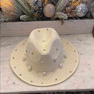 Elegant Pearl-Embellished Beige Hat